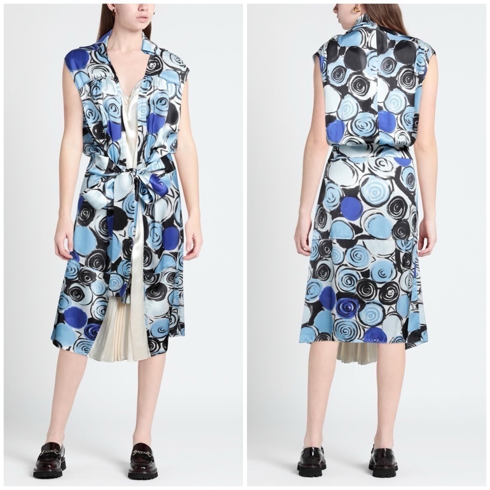 NWT Marni Abstract Swirl Floral Midi Dress Blue White Black Silky Sz 40